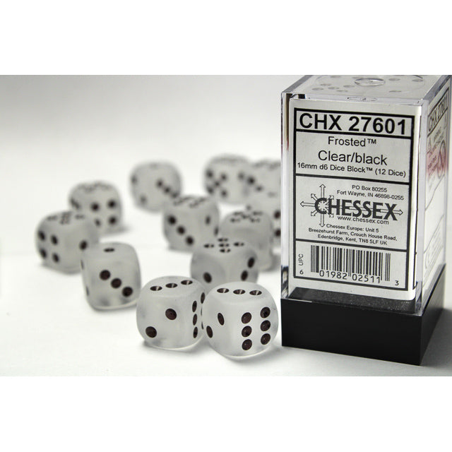 Chessex – Frosted 16mm d6 Clear/black Dice Block (12 dice)