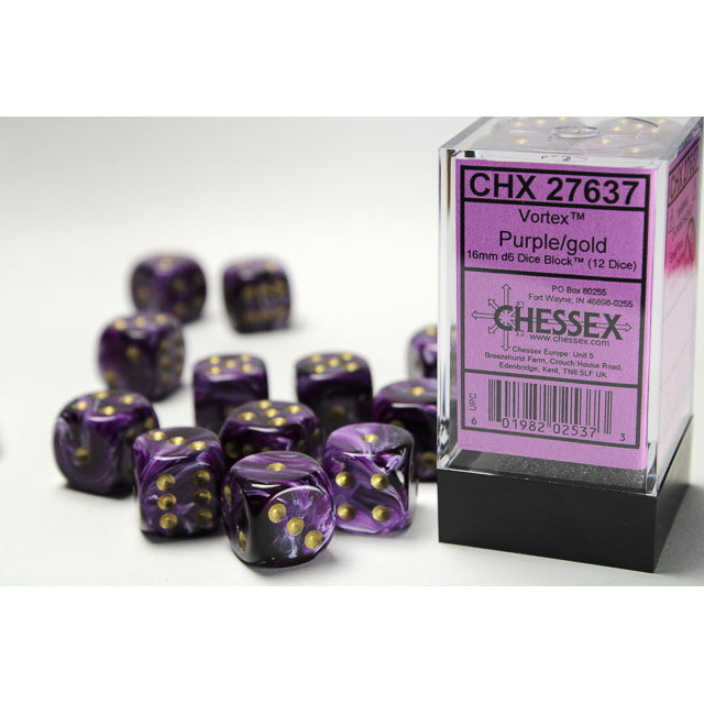 Chessex – Vortex 16mm d6 Purple/gold Dice Block (12 dice)
