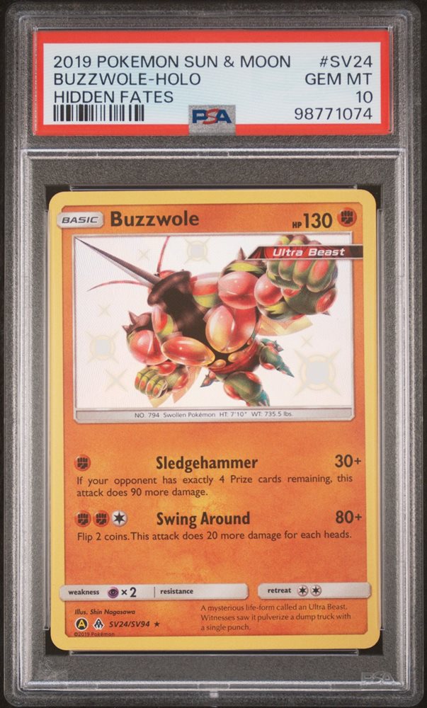 2019 POKEMON SUN & MOON HIDDEN FATES #SV24 BUZZWOLE-HOLO HIDDEN FATES - PSA 10
