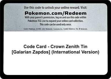 Image for Code Card - Crown Zenith Tin [Galarian Zapdos] (International Version) (Crown Zenith) - Pokemon