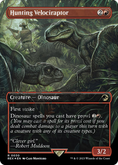 Image for Hunting Velociraptor (Borderless) (Emblem) (30) (Universes Beyond: Jurassic World Collection) (REX) - Magic: The Gathering