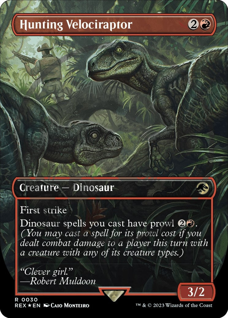 Image for Hunting Velociraptor (Borderless) (Emblem) (30) (Universes Beyond: Jurassic World Collection) (REX) - Magic: The Gathering