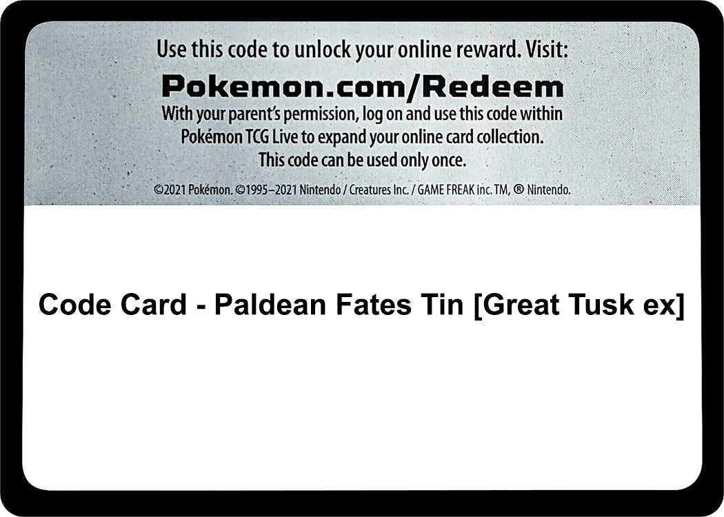 Image for Code Card - Paldean Fates Tin [Great Tusk ex] (SV: Paldean Fates) (PAF) - Pokemon