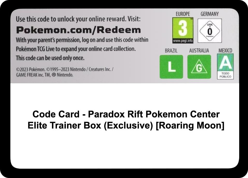 Image for Code Card - Paradox Rift Pokemon Center Elite Trainer Box (Exclusive) [Roaring Moon] (SV04: Paradox Rift) (PAR) - Pokemon