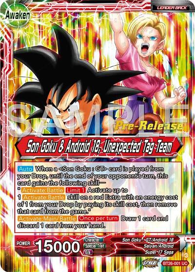 BT26-001 - PRE RELEASE STAMPED - Son Goku // Son Goku & Android 18, Unexpected Tag Team