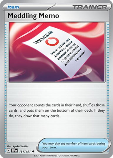 Image for Meddling Memo (181/191) (SV08: Surging Sparks) (SSP) - Pokemon