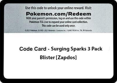 Image for Code Card - Surging Sparks 3 Pack Blister [Zapdos] (SV08: Surging Sparks) (SSP) - Pokemon