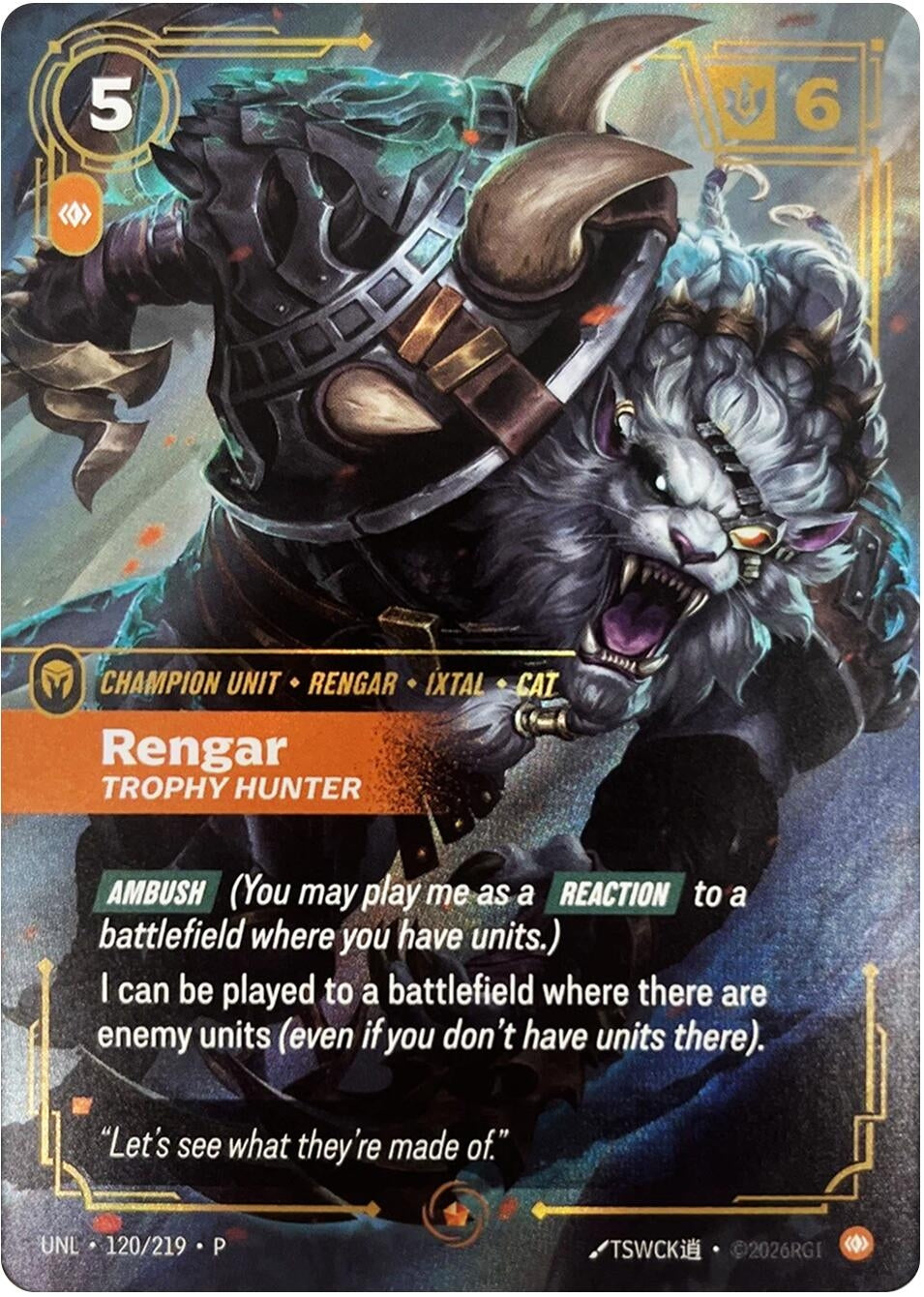 Image for Rengar, Trophy Hunter (120/219) (Riftbound Organized Play Promotional Cards) (OPP) - Riftbound: League of Legends Trading Card Game