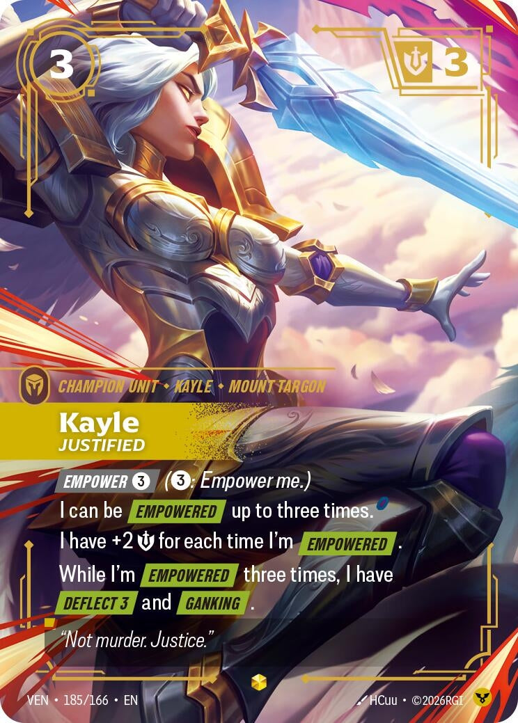 Image for Kayle, Justified (Overnumbered) (185/166) (Vendetta) (VEN) - Riftbound: League of Legends Trading Card Game