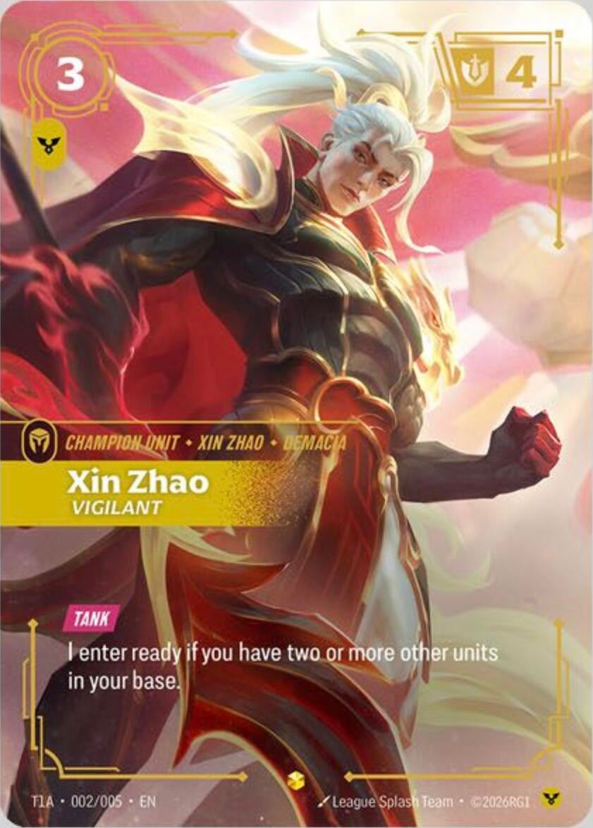 Image for Xin Zhao, Vigilant (T1 Worlds Champion Player Bundle) (T1A 002/005) (Riftbound Promotional Cards) (PR) - Riftbound: League of Legends Trading Card Game