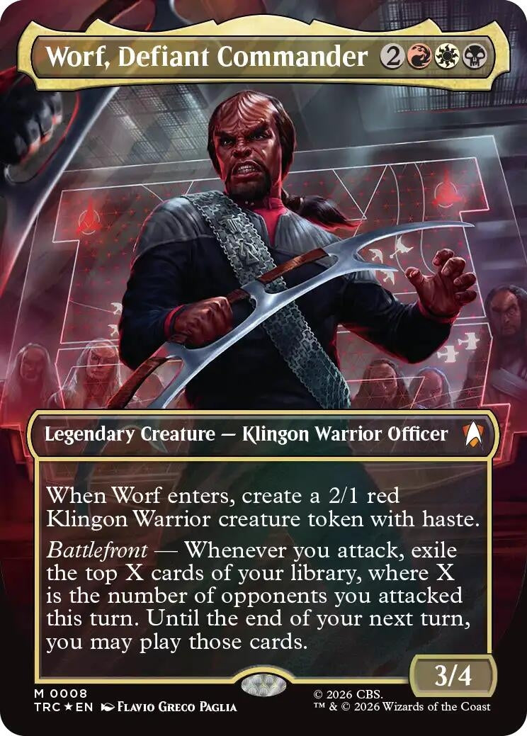 Image for Worf, Defiant Commander (Borderless) (Surge Foil) (8) (Commander: Star Trek) (TRC) - Magic: The Gathering