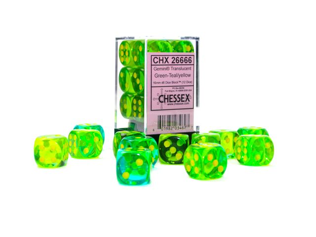 Chessex – Gemini 16mm d6 Translucent Green-Teal/yellow Dice